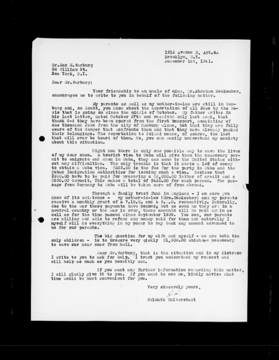 Letter  by Helmuth Halberstadt to Max M. Warburg, December 1, 1942