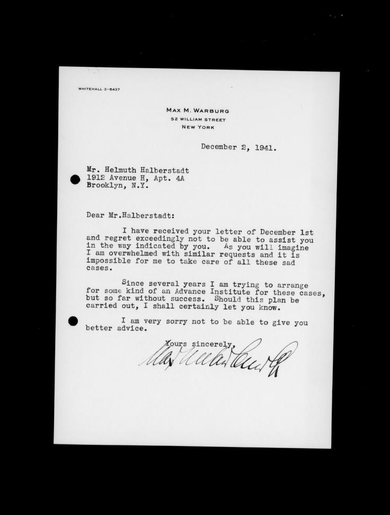 Letter by Max M. Warburg to Helmuth Halberstadt, December 2, 1942