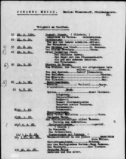 Johanna Meyer List of Radio Appearances 1924-1928
