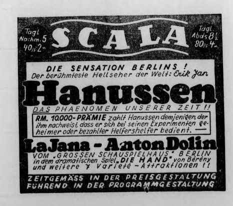 An advertisement for Scala, where Hanussen performed
