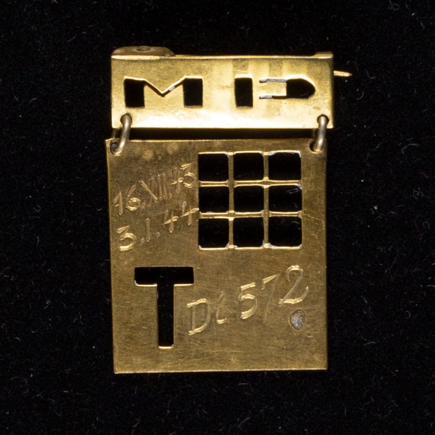 Pin made in memory of Marie Picková's arrest in Theresienstadt, 1944