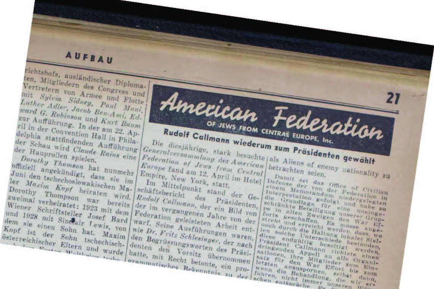 American Federation of Jews from Central Europe newspaper article