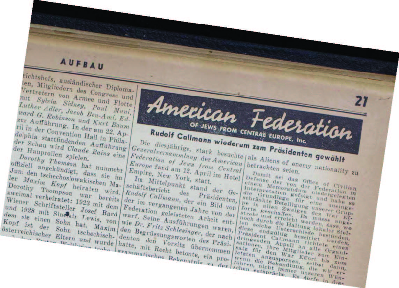 American Federation of Jews from Central Europe newspaper article