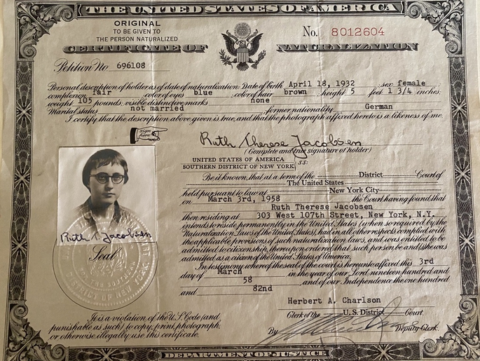 Ruth Jacobsen's Naturalization Certificate
