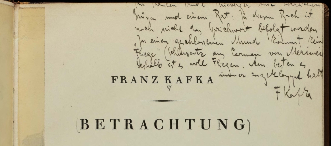 Dedication page of Franz Kafka's Betrachtung, 1913, Quote