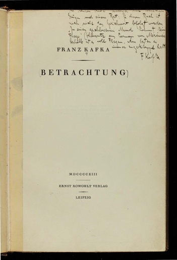 Dedication  page of Franz Kafka's Betrachtung, 1913