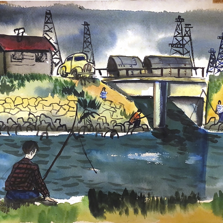 Dave Fox, untitled painting (water and fishing scene)
