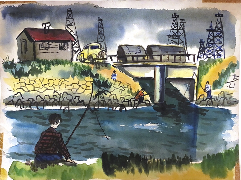 Dave Fox, untitled painting (water and fishing scene)