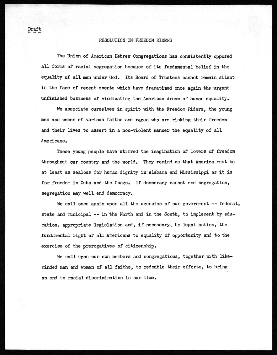 Draft Resolution on Freedom Riders by Union of American Hebrew Organizations  from Walter Plaut Scrapbook