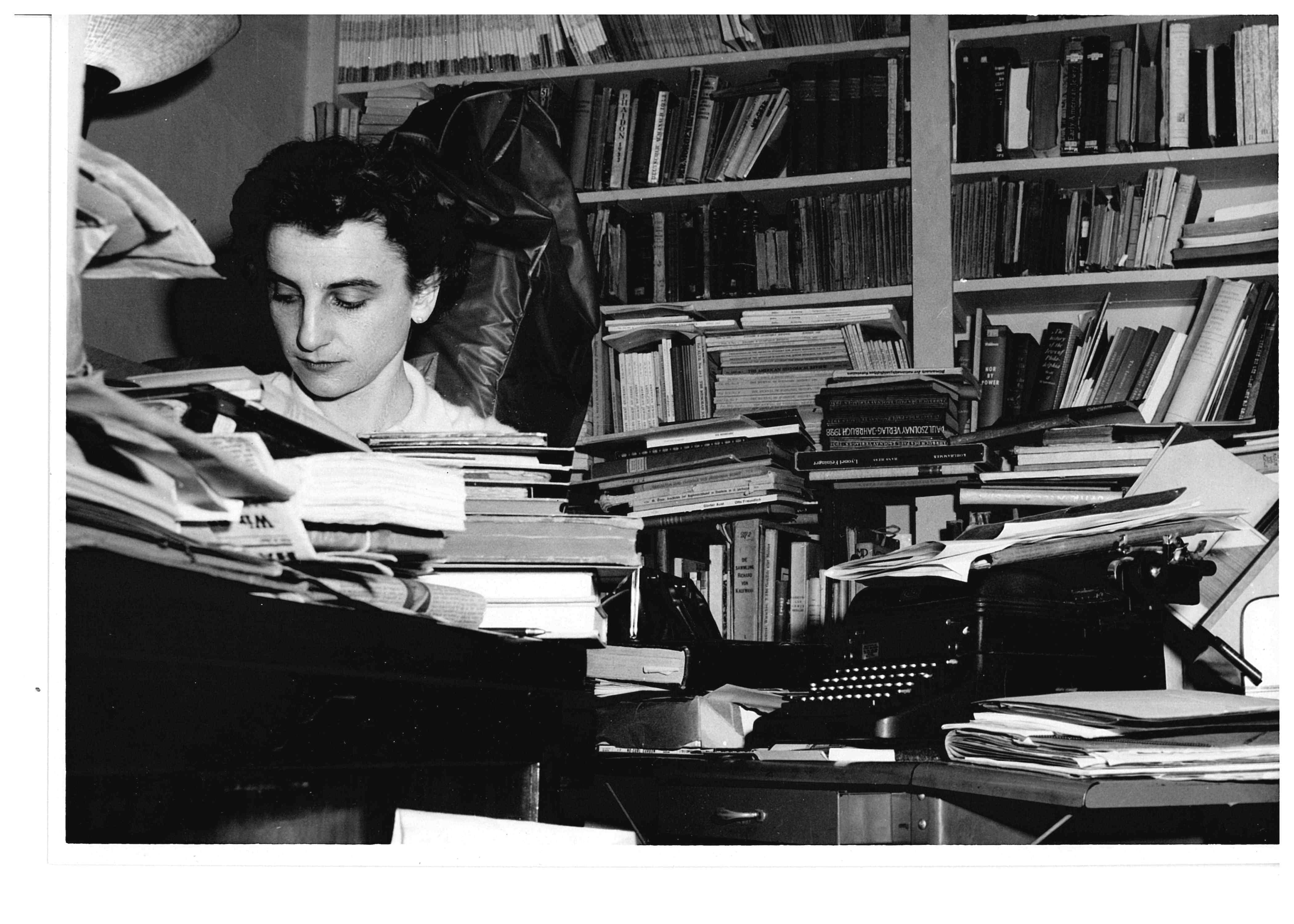 LBI Librarian Irmgard Foerg at LBI's first office on 1239 Broadway, New York, 1960s