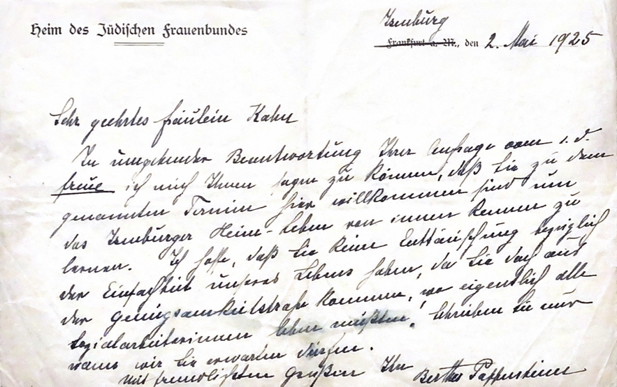 Frida Kahn, letter from Bertha Pappenheim