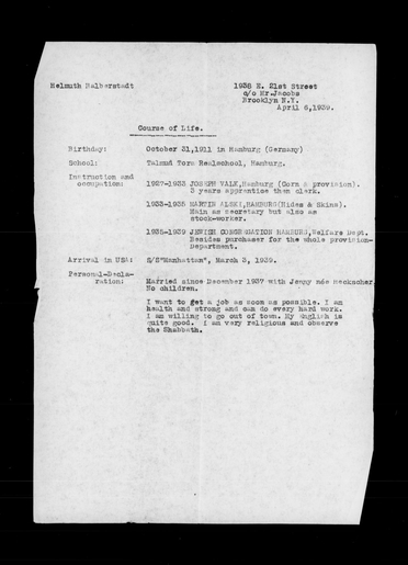 Resume of Helmuth Halberstadt/Howard Hall, 1939