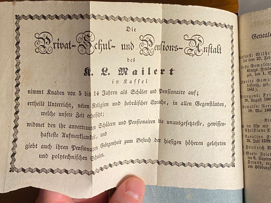 An advertisement for an all boys school in <i>Kalender für Israeliten </i> (Kassel, Germany : 1841-1844)