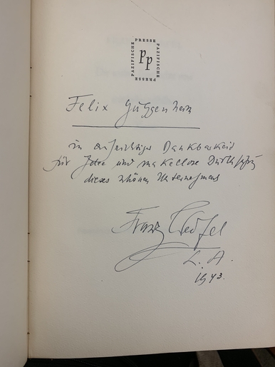 Franz Werfel dedication Pazifische Presse 1943