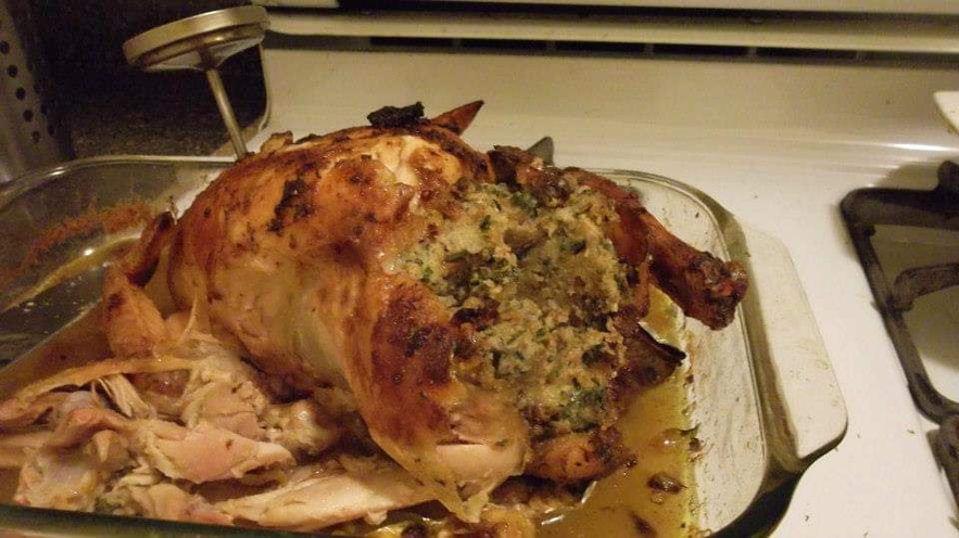 The finished chicken in its delicious gravy cut open for eating