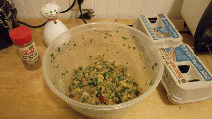 Preparing the stuffing for the chicken