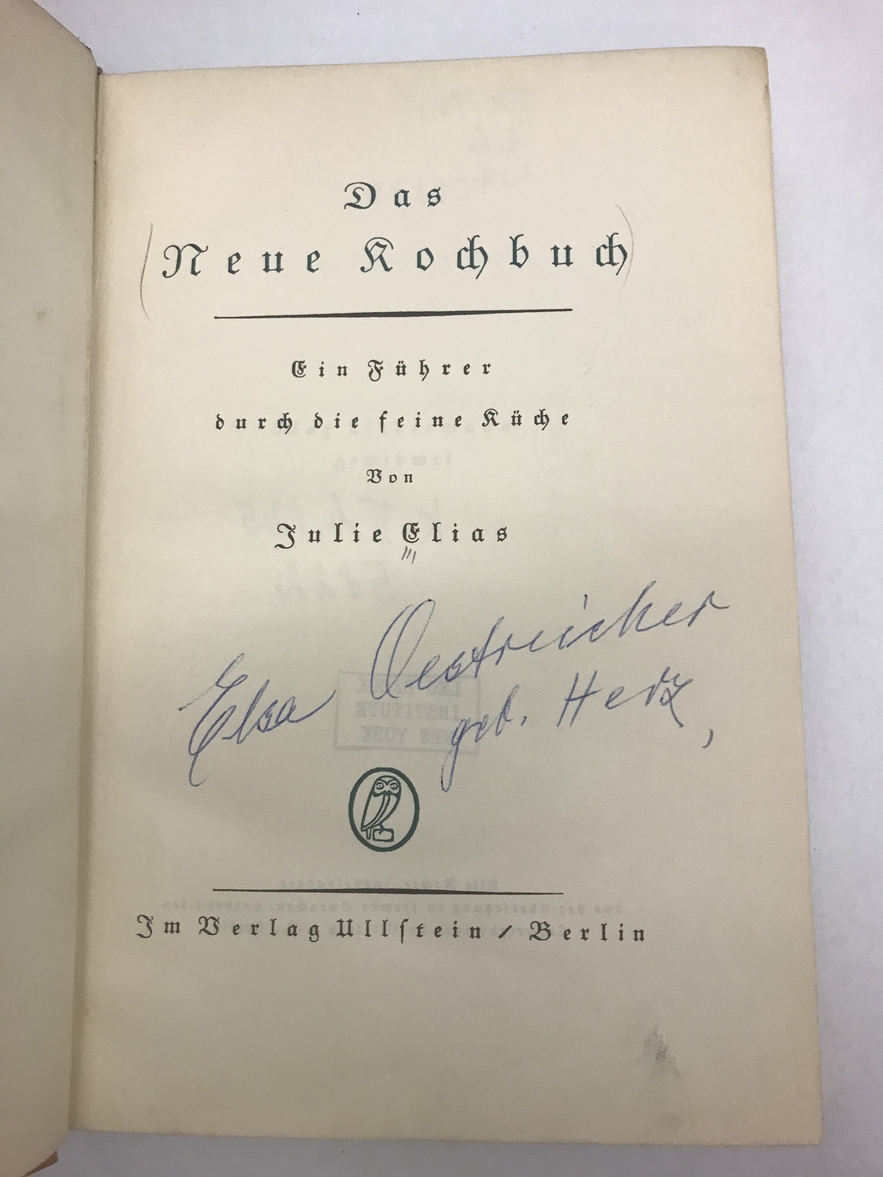 The title page of Julie Elias's Das neue Kochbuch