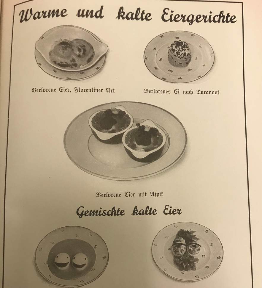 An illustration of warm and cold egg dishes from a Viennese cookbook