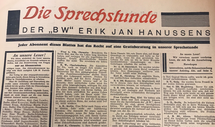 Hanussen's "Sprechstunde" in his <i>Bunte Wochenschau</i>