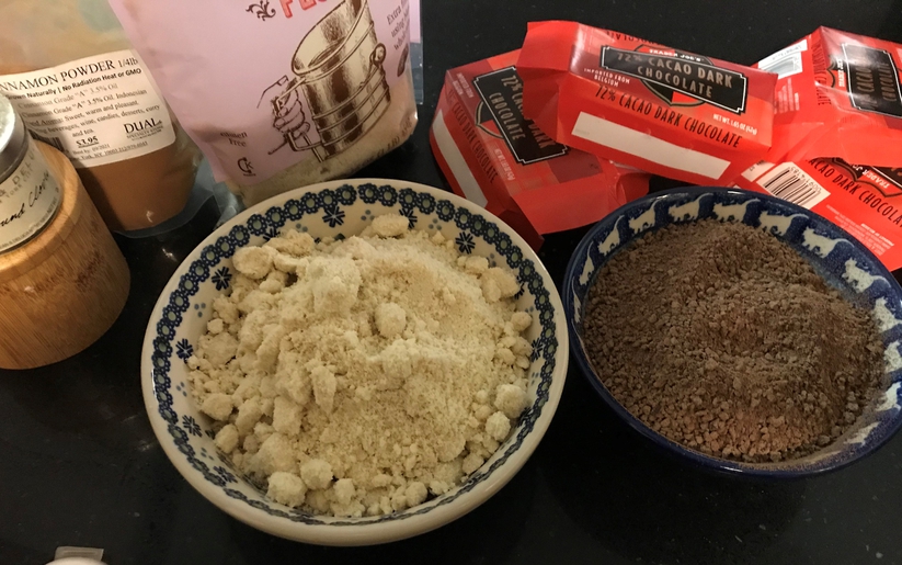 Ground almonds, ground chocolate, and spices for Schokogebäck