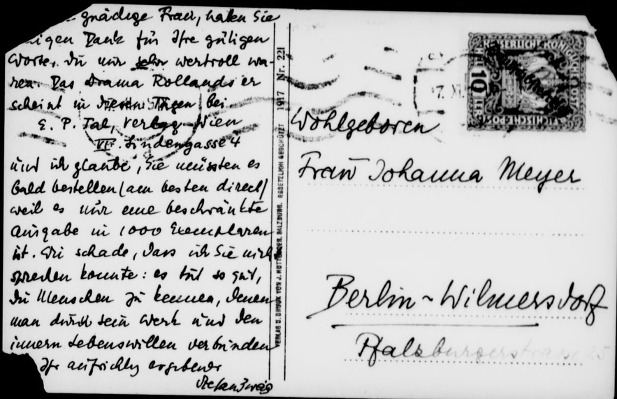 Johanna Meyer postcard from Stefan Zweig