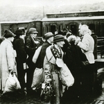 Jews boarding a deportation train from Wiesbaden to Theresienstadt.