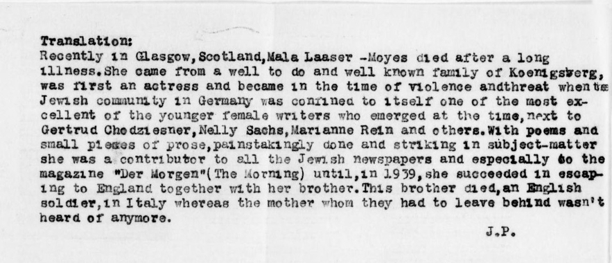 An obituary for Mala Laaser written in May of 1953, comparing her and Marianne Rein to the Nelly Sachs and Gertrude Kolmar.