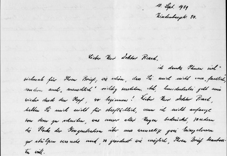 A letter from Marianne Rein to Jacob Picard, September 10, 1939