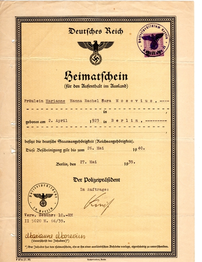 Marianne Mosevius,  Heimatschein (Certificate of Family Origin)