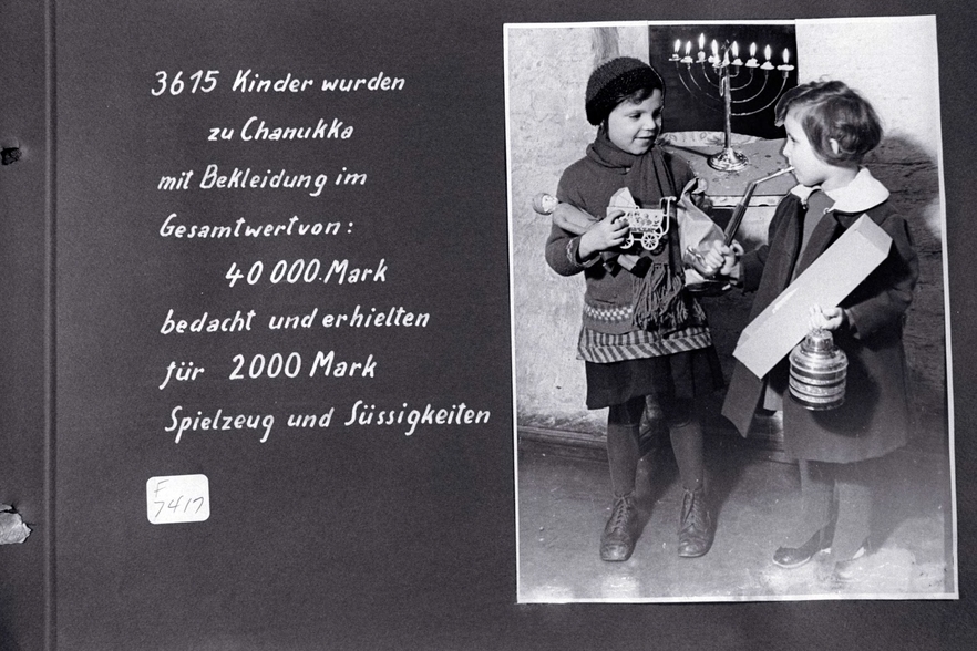 Photo collage of children with toys and menorah in background