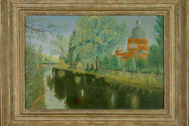 Landscape with view of Synagogue at Oppeln (Upper Silesia) by G. Pujos