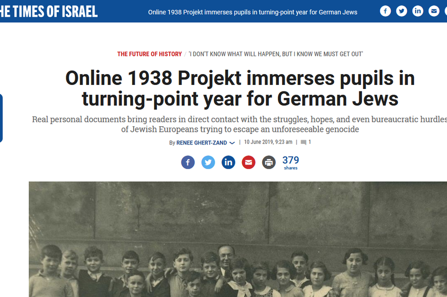 Times of Israel | Online 1938Projekt immerses pupils in turning-point year for German Jews