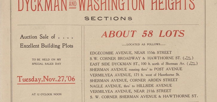 Washington Heights, Advertisement for an Auction