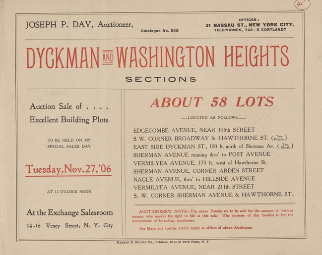 Washington Heights, Advertisement for an Auction