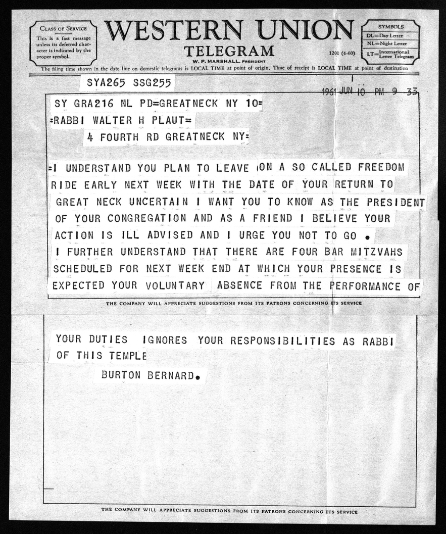 Telegram from Burton Bernard, from Walter Plaut's Scrapbook