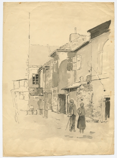 Unknown artists, Theresienstadt. Courtyard, ca. 1943. LBI, 84.504.
