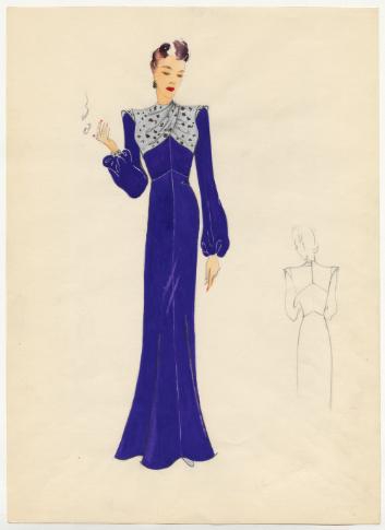 Fashion Illustration: Purple Evening Gown circa 1940