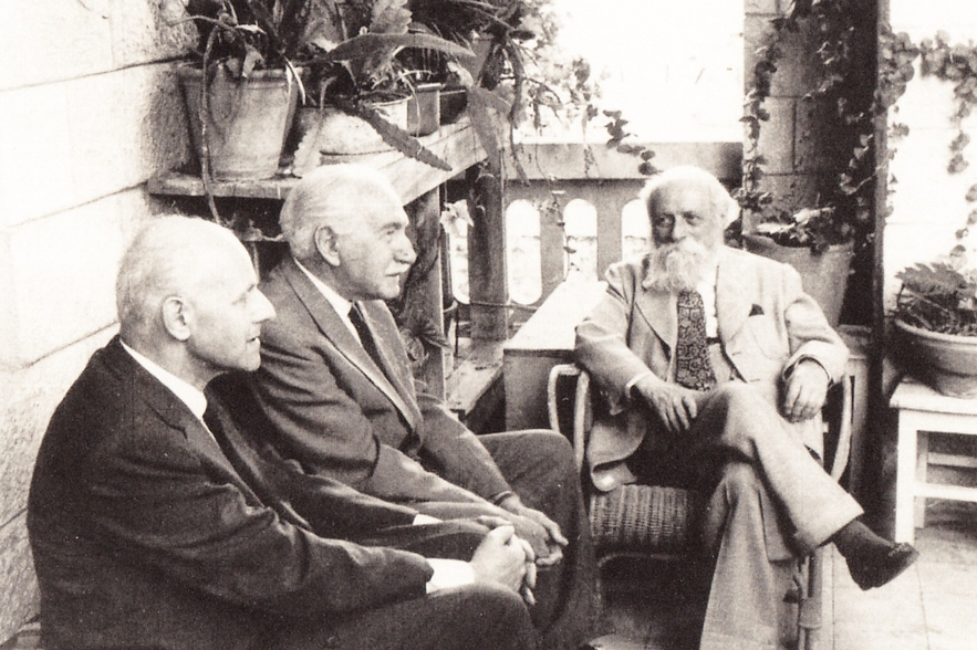 Martin Buber, Ernst Simon, and Shmuel Hugo Bergman at the founding conference of Leo Baeck Institute, May 30, 1955