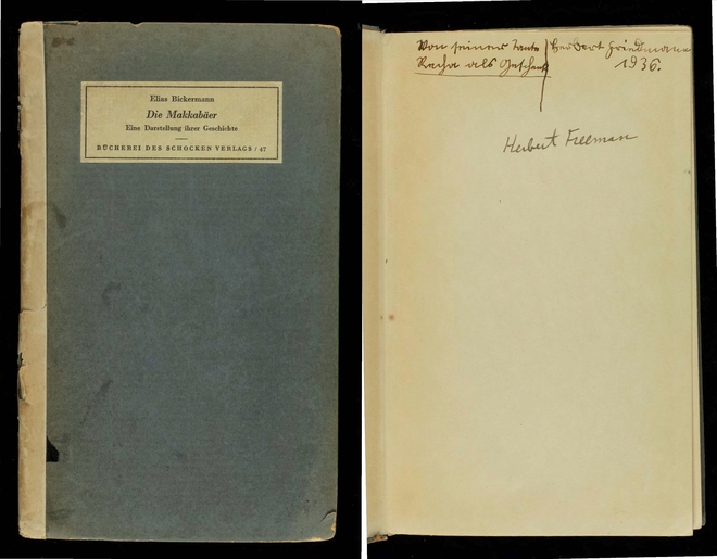 Cover and title page of "Elias Bickermann, Die Makkabäer,1935 (Bücherei des Schocken Verlags ; 47)"