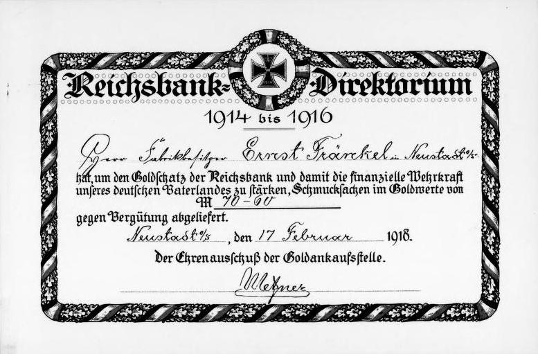 War Contribution Certificate to Emanuel Fraenkel.