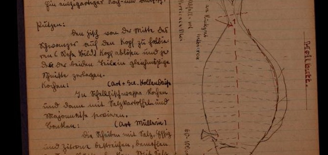 A page from the notebook of culinary student Hans Fromm showing how to prepare halibut.