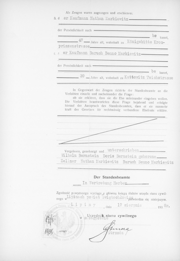 Marriage certificate for Wilhelm Bernstein and Doris Bernstein, née Zeller (page 2).