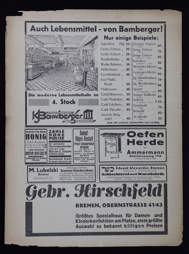 An advertisements for "Lebensmittel" (food) and ovens in the <i> Israelitisches Gemeindeblatt </i> (Bremen, Germany)