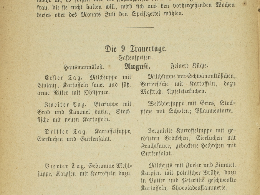 Menu suggestions for Yom Kippur from Rebekka Wolf's Kochbuch für israelitische Frauen.