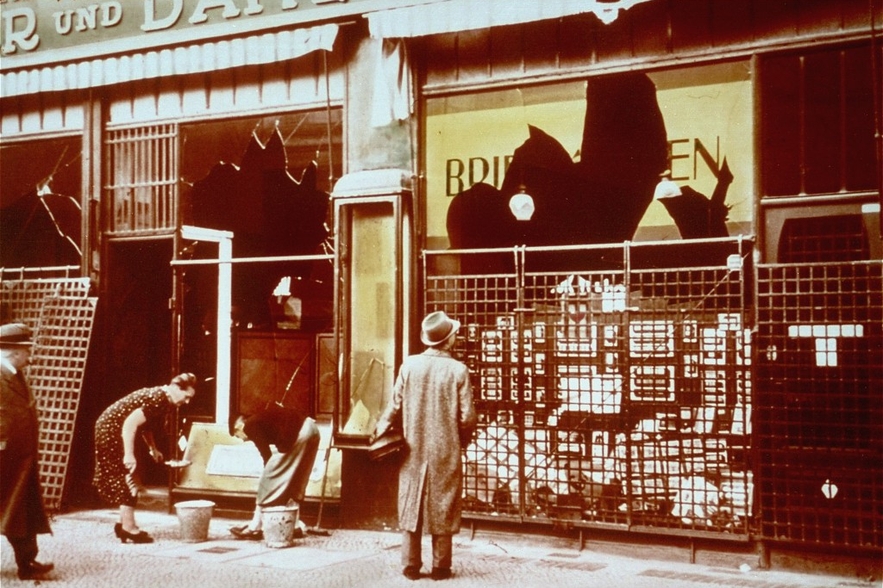 Destroyed businesses in Berlin following the Kristallnacht