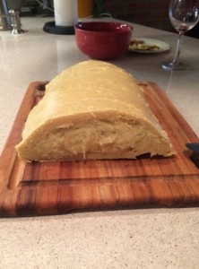 The knish is hot out of the oven ... and a little underdone!